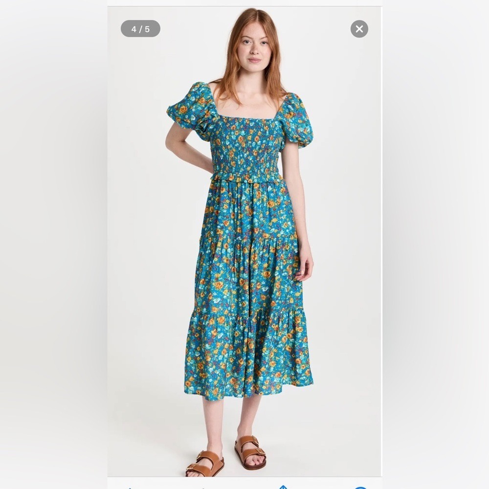 Moon River Floral Smocked Maxi Dress Blue Yellow Puff Sleeve Tiered Medium